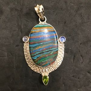 Rainbow Calsilica Moonstone/ Peridot Sterling Silver Pendant